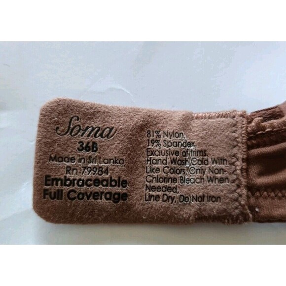 Soma Embraceable Full Coverage Bra Size 36B Brown  Lightly Lined Underwire Soft - Picture 4 of 7